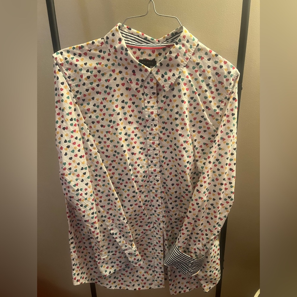 Talbots White Button Down Shirt with Multicolor Heart Pattern